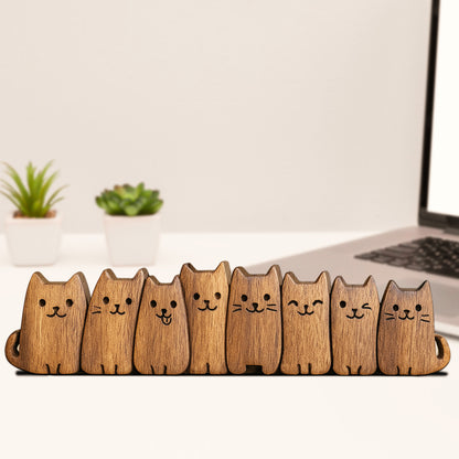 Hand Carving Wooden Cat Figurine, Cute Wood Kitten Sculpture Desk Decor, Handmade Gift for Her, Mom and Cat Lovers, Minimalist Bookshelf Office Ornament