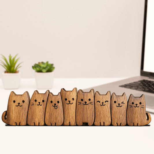 Hand Carving Wooden Cat Figurine, Cute Wood Kitten Sculpture Desk Decor, Handmade Gift for Her, Mom and Cat Lovers, Minimalist Bookshelf Office Ornament