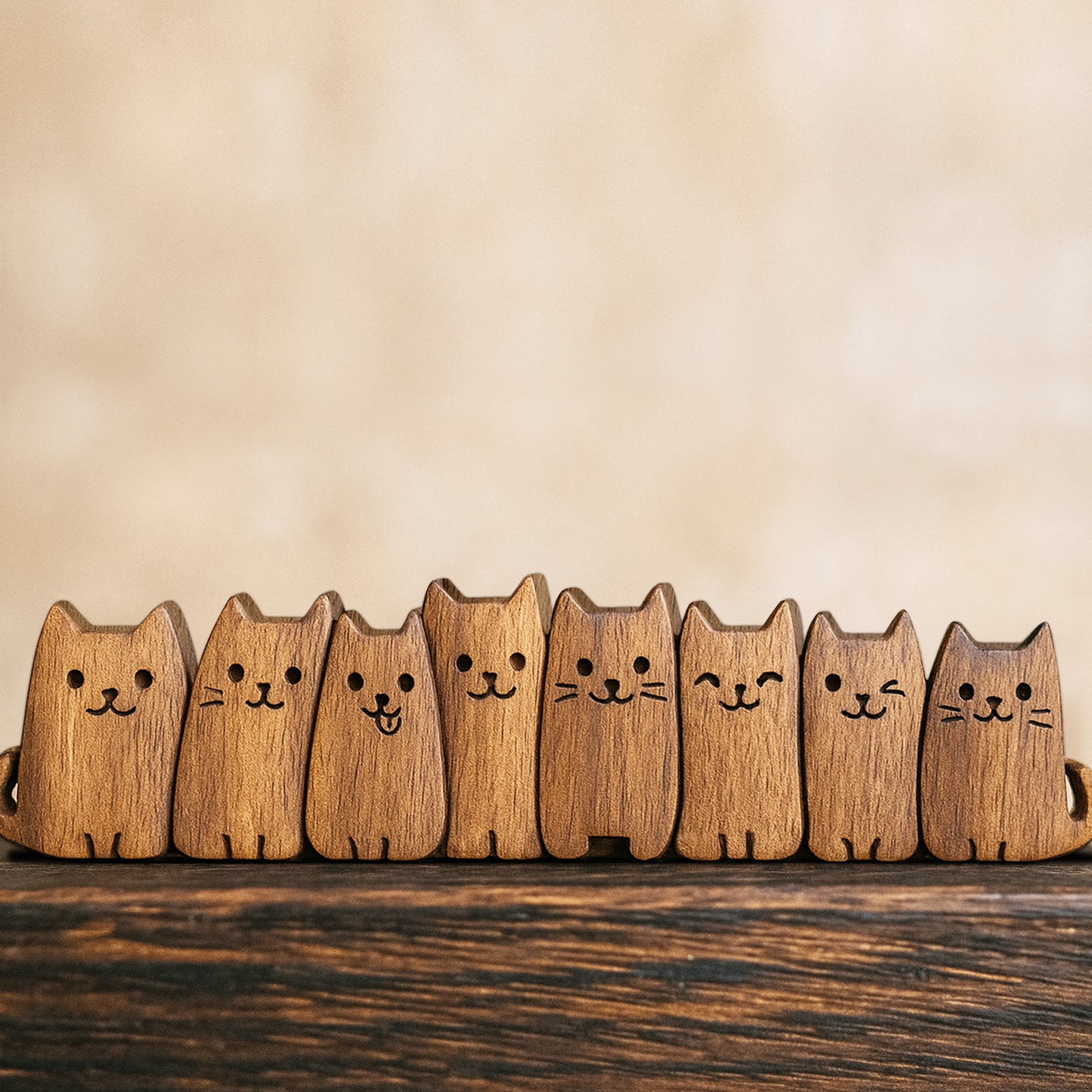 Hand Carving Wooden Cat Figurine, Cute Wood Kitten Sculpture Desk Decor, Handmade Gift for Her, Mom and Cat Lovers, Minimalist Bookshelf Office Ornament