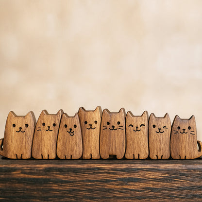 Hand Carving Wooden Cat Figurine, Cute Wood Kitten Sculpture Desk Decor, Handmade Gift for Her, Mom and Cat Lovers, Minimalist Bookshelf Office Ornament