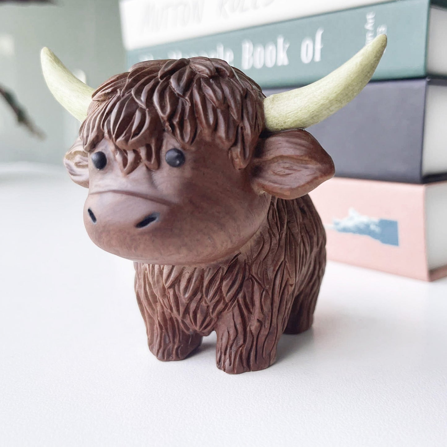 Hand-Carved Wooden Highland Cow Figurine - Desk & Shelf Decor, Farm Animal Gift