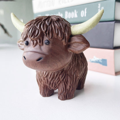 Hand-Carved Wooden Highland Cow Figurine - Desk & Shelf Decor, Farm Animal Gift
