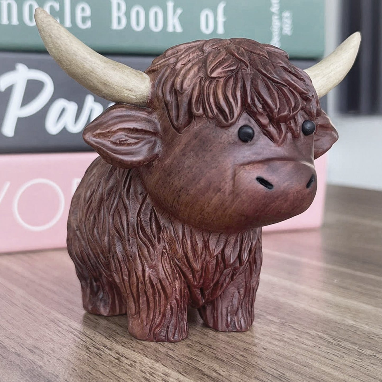 Hand-Carved Wooden Highland Cow Figurine - Desk & Shelf Decor, Farm Animal Gift
