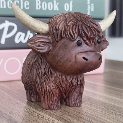 Hand-Carved Wooden Highland Cow Figurine - Desk & Shelf Decor, Farm Animal Gift