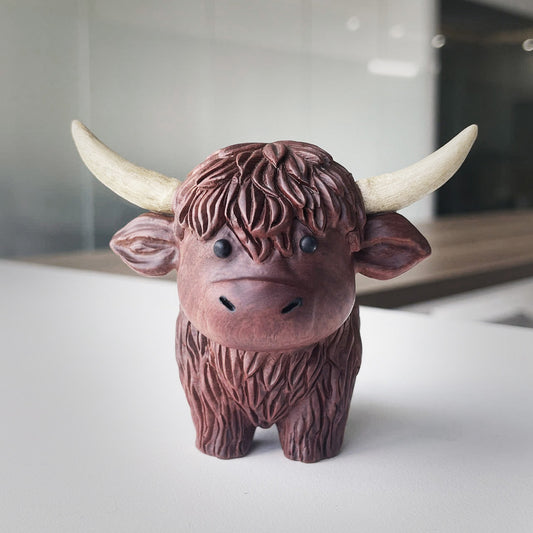Hand-Carved Wooden Highland Cow Figurine - Desk & Shelf Decor, Farm Animal Gift