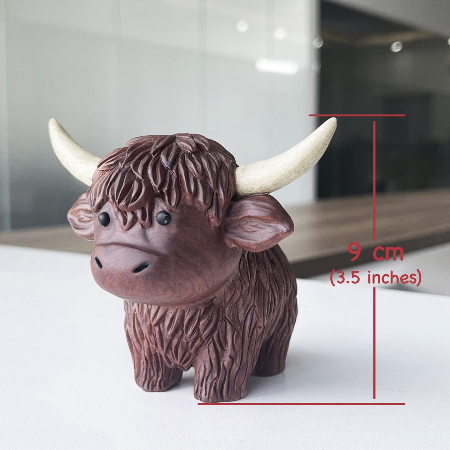 Hand-Carved Wooden Highland Cow Figurine - Desk & Shelf Decor, Farm Animal Gift