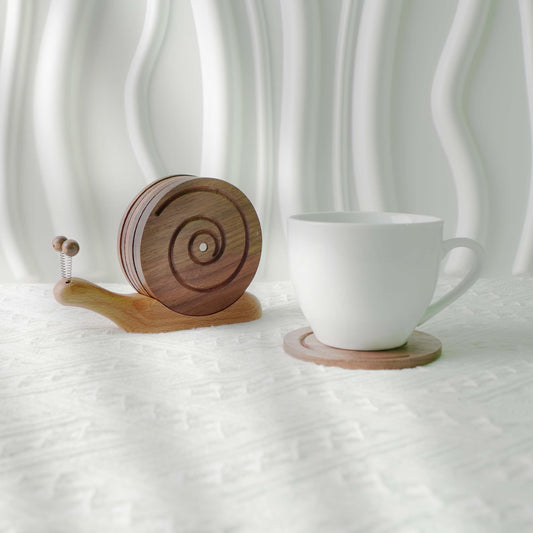 Wooden Snail Coaster Set, Handcrafted Drink Coasters with Adorable Snail Holder, Handmade Unique Home Decor, Wood Placemat Kitchen Gift Idea